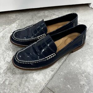 Sperry Navy Patent Leather Loafers with White Stitching